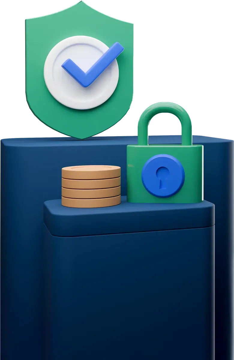 3D shield with a checkmark representing certified information security